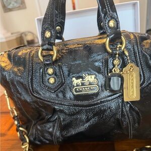 Coach Shiny Black Leather Medium Satchel with Gold Accents
